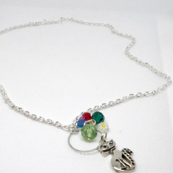 Handcrafted Silver Color Chain Cat Necklace AB Glass & Millefiori Glass Beads - Picture 9 of 11